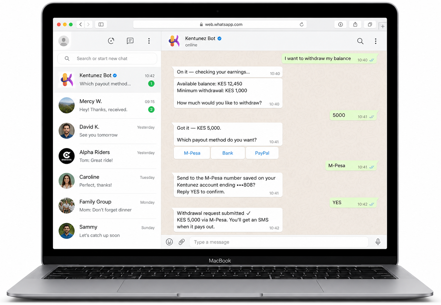 Laptop WhatsApp Web: guided withdrawal with amount, payout method, and confirmation