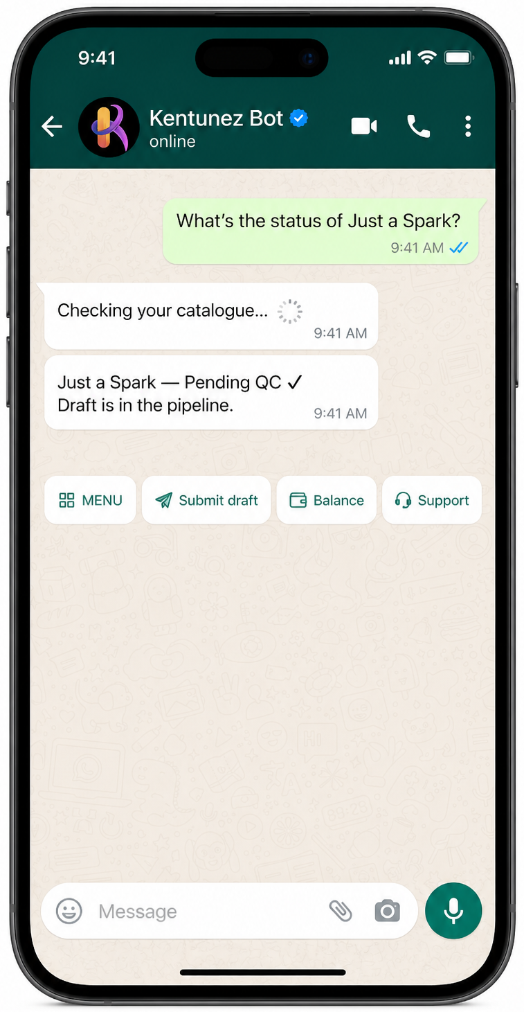 Phone showing Kentunez WhatsApp distribution — use our bot to check release status